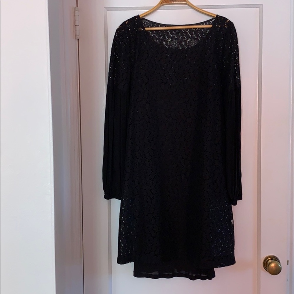 Black lace midi dress with crepe de chine sleeves
